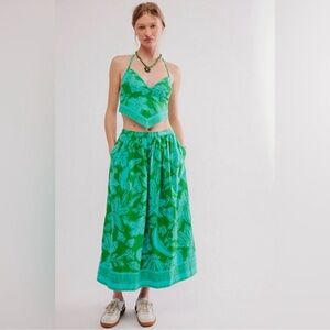 Free People Green and Blue Copa Cabana skirt set bold and beach floral